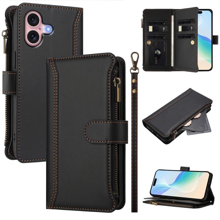 Estuche de piel con cierre magnético, 9 ranuras para tarjetas y cremallera, con correa de mano., For iPhone 16, For iPhone 15 Pro Max, For iPhone 15 Pro, For iPhone 15 Plus, For iPhone 15, For iPhone 14 Plus, For iPhone 14 / 13, For iPhone 14 Pro