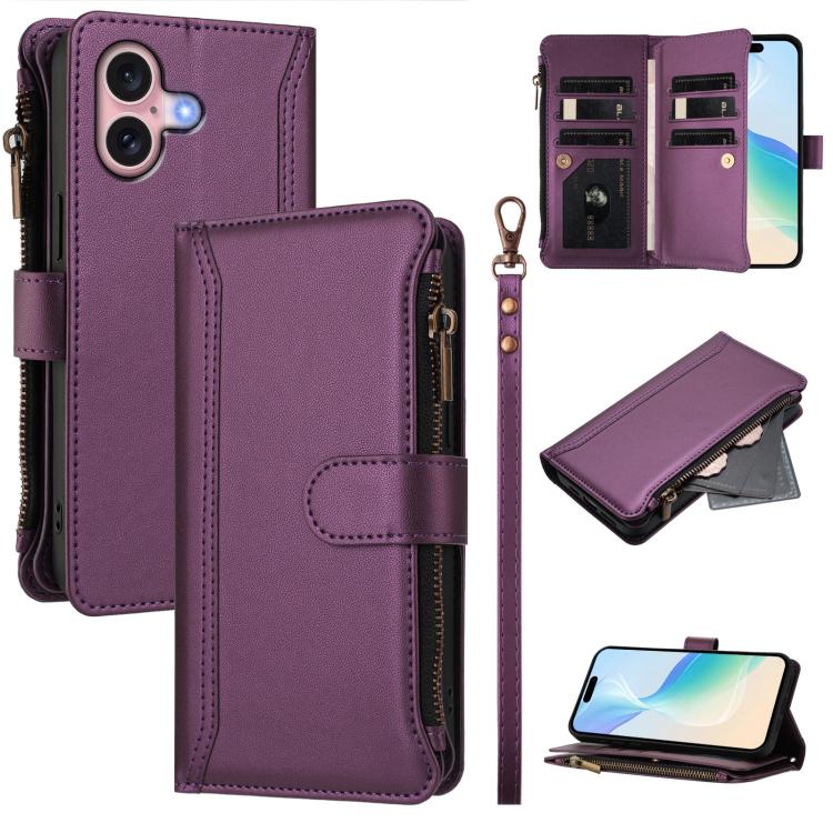 Estuche de piel con cierre magnético, 9 ranuras para tarjetas y cremallera, con correa de mano., For iPhone 16, For iPhone 15 Pro Max, For iPhone 15 Pro, For iPhone 15 Plus, For iPhone 15, For iPhone 14 Plus, For iPhone 14 / 13, For iPhone 14 Pro