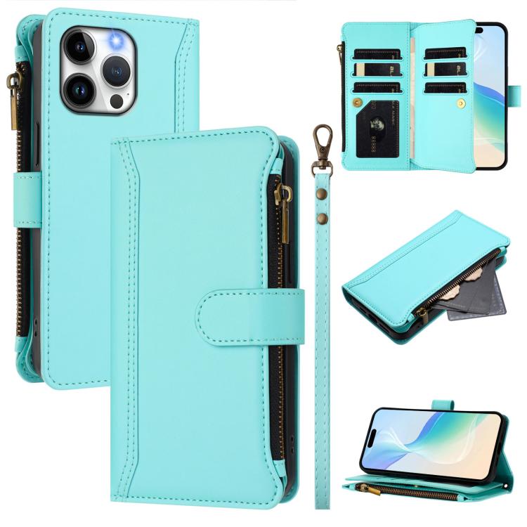Estuche de piel con cierre magnético, 9 ranuras para tarjetas y cremallera, con correa de mano., For iPhone 16, For iPhone 15 Pro Max, For iPhone 15 Pro, For iPhone 15 Plus, For iPhone 15, For iPhone 14 Plus, For iPhone 14 / 13, For iPhone 14 Pro