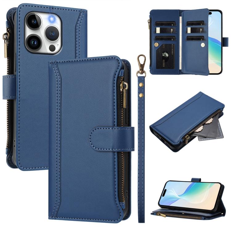 Estuche de piel con cierre magnético, 9 ranuras para tarjetas y cremallera, con correa de mano., For iPhone 16, For iPhone 15 Pro Max, For iPhone 15 Pro, For iPhone 15 Plus, For iPhone 15, For iPhone 14 Plus, For iPhone 14 / 13, For iPhone 14 Pro