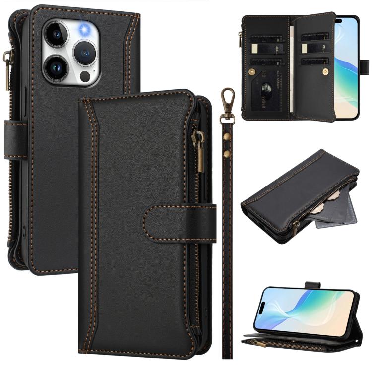 Estuche de piel con cierre magnético, 9 ranuras para tarjetas y cremallera, con correa de mano., For iPhone 16, For iPhone 15 Pro Max, For iPhone 15 Pro, For iPhone 15 Plus, For iPhone 15, For iPhone 14 Plus, For iPhone 14 / 13, For iPhone 14 Pro