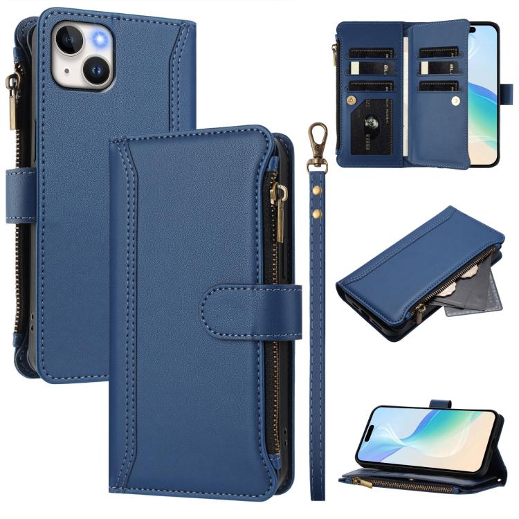 Estuche de piel con cierre magnético, 9 ranuras para tarjetas y cremallera, con correa de mano., For iPhone 16, For iPhone 15 Pro Max, For iPhone 15 Pro, For iPhone 15 Plus, For iPhone 15, For iPhone 14 Plus, For iPhone 14 / 13, For iPhone 14 Pro