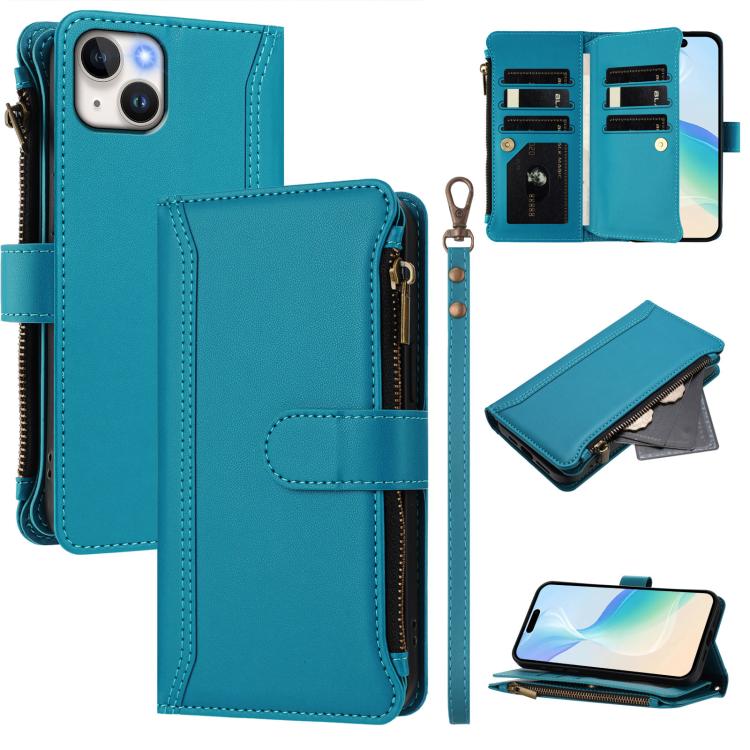 Estuche de piel con cierre magnético, 9 ranuras para tarjetas y cremallera, con correa de mano., For iPhone 16, For iPhone 15 Pro Max, For iPhone 15 Pro, For iPhone 15 Plus, For iPhone 15, For iPhone 14 Plus, For iPhone 14 / 13, For iPhone 14 Pro