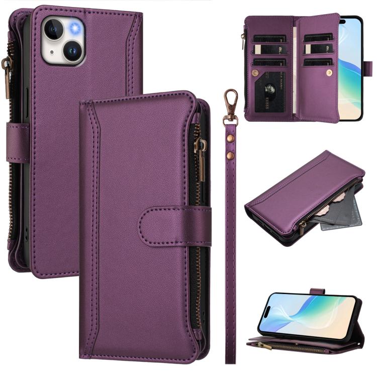 Estuche de piel con cierre magnético, 9 ranuras para tarjetas y cremallera, con correa de mano., For iPhone 16, For iPhone 15 Pro Max, For iPhone 15 Pro, For iPhone 15 Plus, For iPhone 15, For iPhone 14 Plus, For iPhone 14 / 13, For iPhone 14 Pro