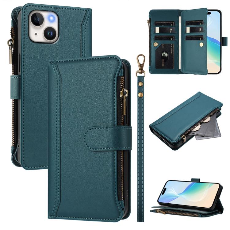 Estuche de piel con cierre magnético, 9 ranuras para tarjetas y cremallera, con correa de mano., For iPhone 16, For iPhone 15 Pro Max, For iPhone 15 Pro, For iPhone 15 Plus, For iPhone 15, For iPhone 14 Plus, For iPhone 14 / 13, For iPhone 14 Pro
