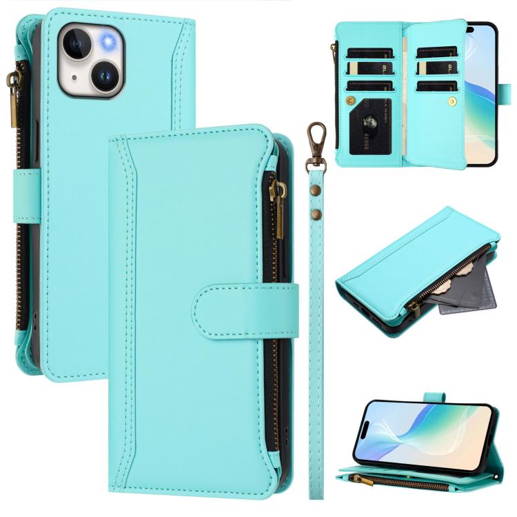 Estuche de piel con cierre magnético, 9 ranuras para tarjetas y cremallera, con correa de mano., For iPhone 16, For iPhone 15 Pro Max, For iPhone 15 Pro, For iPhone 15 Plus, For iPhone 15, For iPhone 14 Plus, For iPhone 14 / 13, For iPhone 14 Pro
