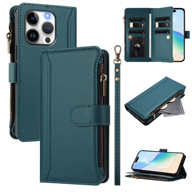Estuche de piel con cierre magnético, 9 ranuras para tarjetas y cremallera, con correa de mano., For iPhone 16, For iPhone 15 Pro Max, For iPhone 15 Pro, For iPhone 15 Plus, For iPhone 15, For iPhone 14 Plus, For iPhone 14 / 13, For iPhone 14 Pro