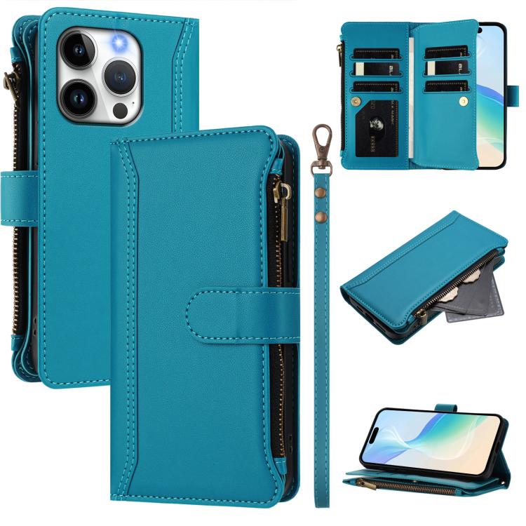 Estuche de piel con cierre magnético, 9 ranuras para tarjetas y cremallera, con correa de mano., For iPhone 16, For iPhone 15 Pro Max, For iPhone 15 Pro, For iPhone 15 Plus, For iPhone 15, For iPhone 14 Plus, For iPhone 14 / 13, For iPhone 14 Pro