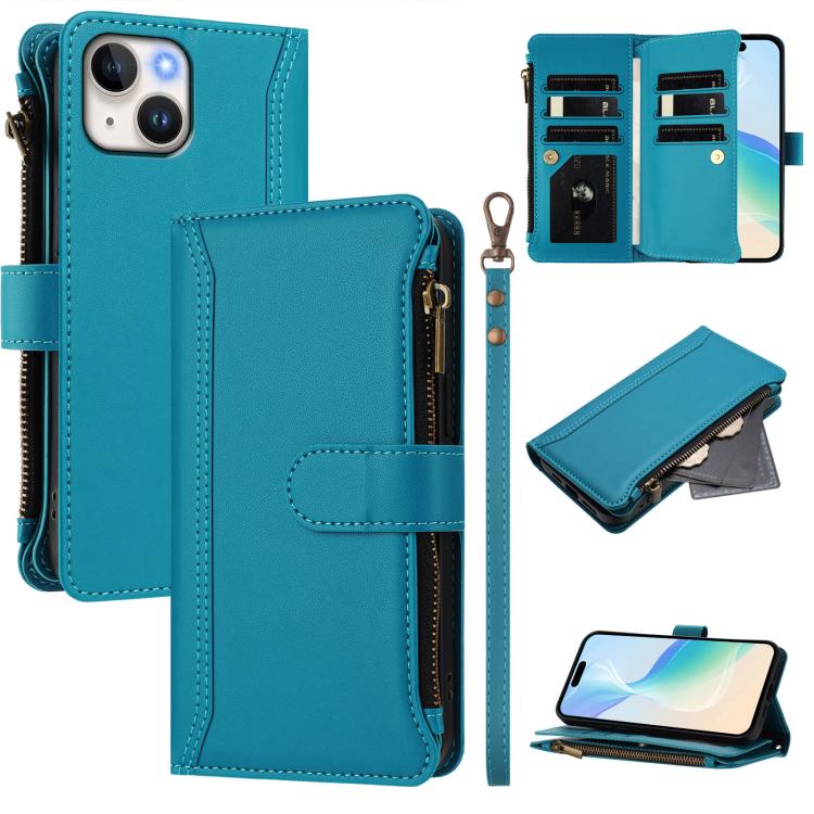 Estuche de piel con cierre magnético, 9 ranuras para tarjetas y cremallera, con correa de mano., For iPhone 16, For iPhone 15 Pro Max, For iPhone 15 Pro, For iPhone 15 Plus, For iPhone 15, For iPhone 14 Plus, For iPhone 14 / 13, For iPhone 14 Pro
