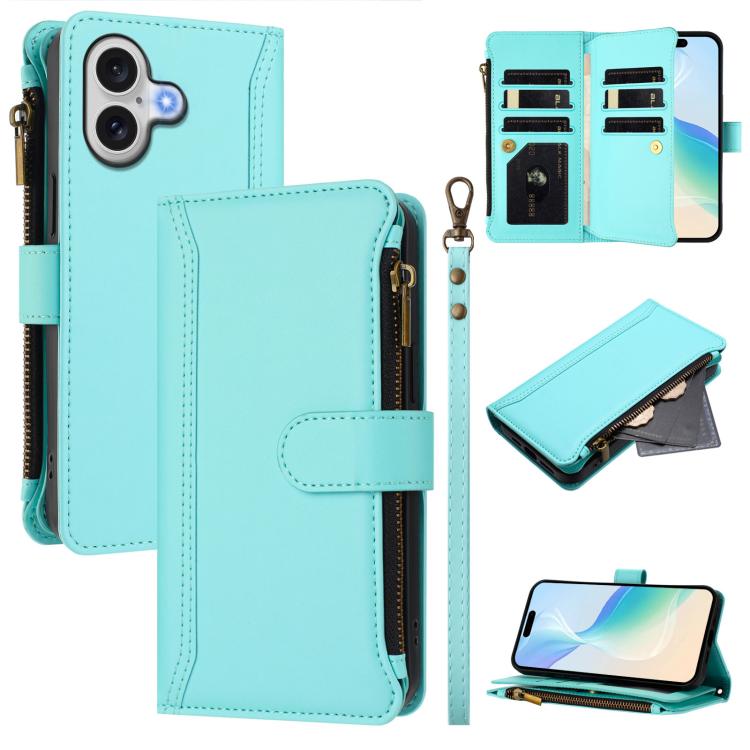 Estuche de piel con cierre magnético, 9 ranuras para tarjetas y cremallera, con correa de mano., For iPhone 17e / 16e, For iPhone 17 Pro Max, For iPhone 17 Pro, For iPhone 17, For iPhone Air, For iPhone 16 Pro Max, For iPhone 16 Pro, For iPhone 16 Plus