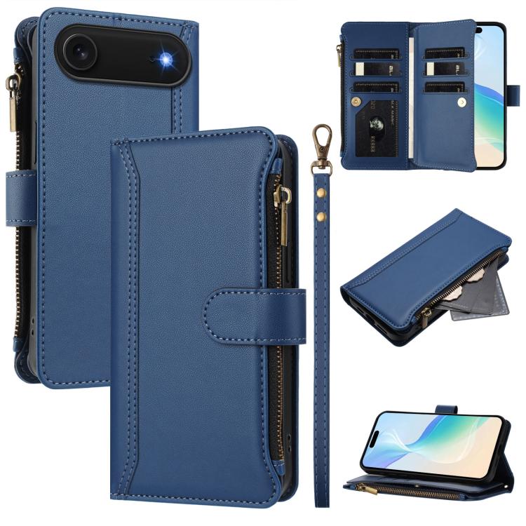 Estuche de piel con cierre magnético, 9 ranuras para tarjetas y cremallera, con correa de mano., For iPhone 17e / 16e, For iPhone 17 Pro Max, For iPhone 17 Pro, For iPhone 17, For iPhone Air, For iPhone 16 Pro Max, For iPhone 16 Pro, For iPhone 16 Plus