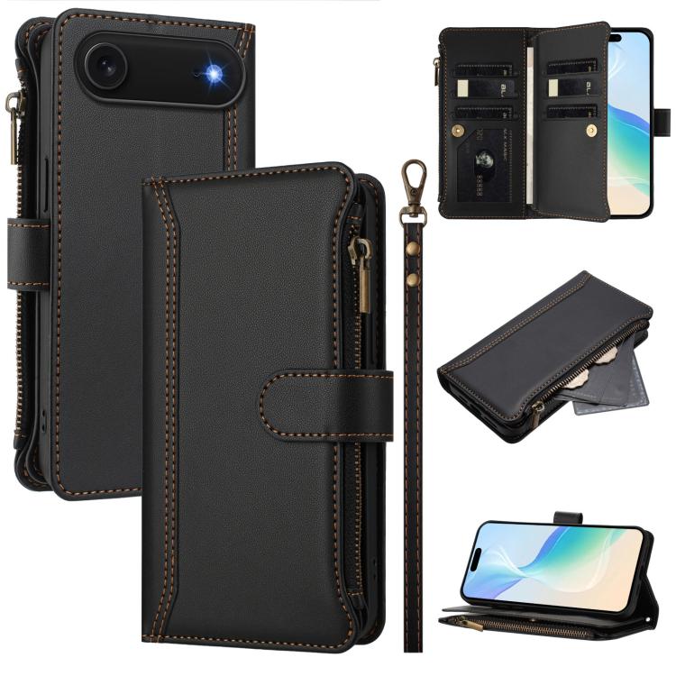 Estuche de piel con cierre magnético, 9 ranuras para tarjetas y cremallera, con correa de mano., For iPhone 17e / 16e, For iPhone 17 Pro Max, For iPhone 17 Pro, For iPhone 17, For iPhone Air, For iPhone 16 Pro Max, For iPhone 16 Pro, For iPhone 16 Plus