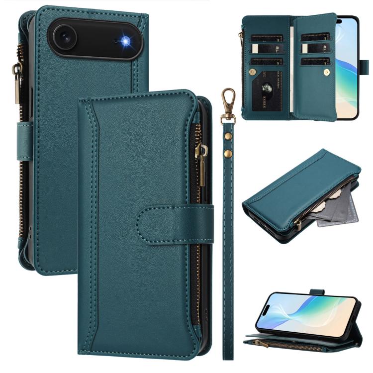 Estuche de piel con cierre magnético, 9 ranuras para tarjetas y cremallera, con correa de mano., For iPhone 17e / 16e, For iPhone 17 Pro Max, For iPhone 17 Pro, For iPhone 17, For iPhone Air, For iPhone 16 Pro Max, For iPhone 16 Pro, For iPhone 16 Plus