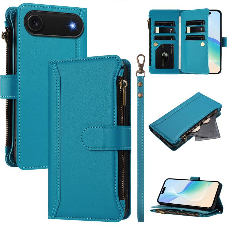 Estuche de piel con cierre magnético, 9 ranuras para tarjetas y cremallera, con correa de mano., For iPhone 17e / 16e, For iPhone 17 Pro Max, For iPhone 17 Pro, For iPhone 17, For iPhone Air, For iPhone 16 Pro Max, For iPhone 16 Pro, For iPhone 16 Plus