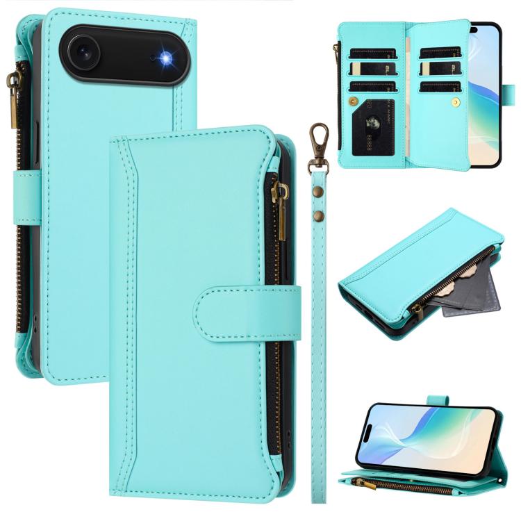 Estuche de piel con cierre magnético, 9 ranuras para tarjetas y cremallera, con correa de mano., For iPhone 17e / 16e, For iPhone 17 Pro Max, For iPhone 17 Pro, For iPhone 17, For iPhone Air, For iPhone 16 Pro Max, For iPhone 16 Pro, For iPhone 16 Plus