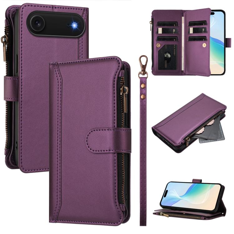Estuche de piel con cierre magnético, 9 ranuras para tarjetas y cremallera, con correa de mano., For iPhone 17e / 16e, For iPhone 17 Pro Max, For iPhone 17 Pro, For iPhone 17, For iPhone Air, For iPhone 16 Pro Max, For iPhone 16 Pro, For iPhone 16 Plus