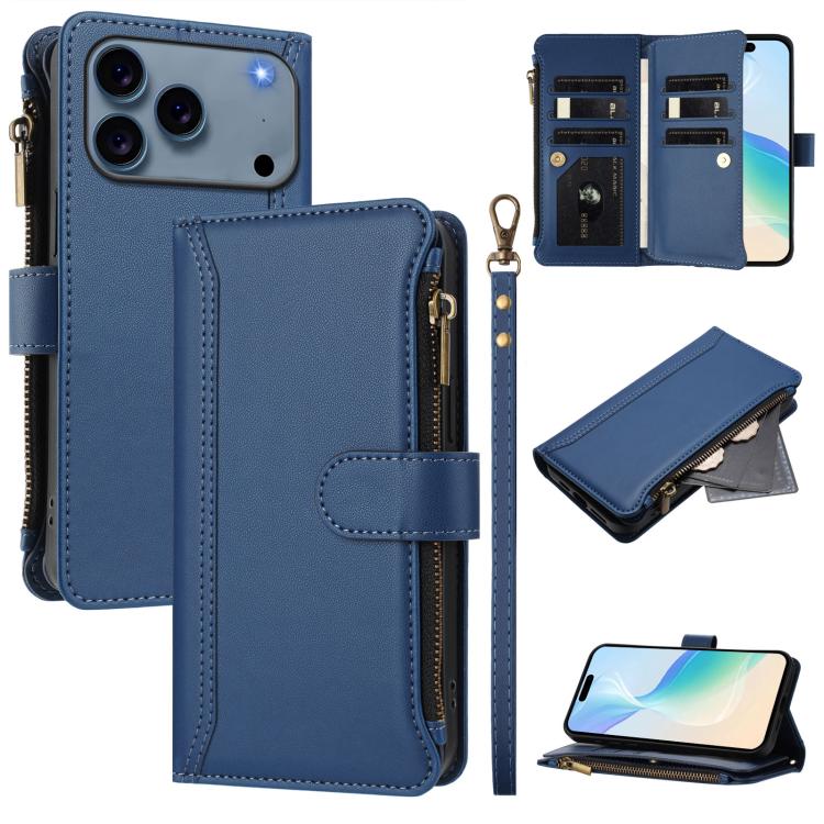 Estuche de piel con cierre magnético, 9 ranuras para tarjetas y cremallera, con correa de mano., For iPhone 17e / 16e, For iPhone 17 Pro Max, For iPhone 17 Pro, For iPhone 17, For iPhone Air, For iPhone 16 Pro Max, For iPhone 16 Pro, For iPhone 16 Plus