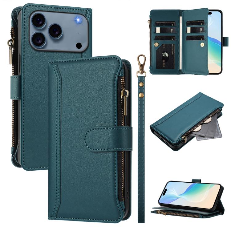 Estuche de piel con cierre magnético, 9 ranuras para tarjetas y cremallera, con correa de mano., For iPhone 17e / 16e, For iPhone 17 Pro Max, For iPhone 17 Pro, For iPhone 17, For iPhone Air, For iPhone 16 Pro Max, For iPhone 16 Pro, For iPhone 16 Plus