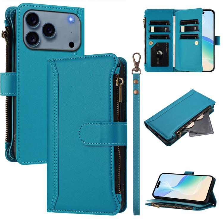Estuche de piel con cierre magnético, 9 ranuras para tarjetas y cremallera, con correa de mano., For iPhone 17e / 16e, For iPhone 17 Pro Max, For iPhone 17 Pro, For iPhone 17, For iPhone Air, For iPhone 16 Pro Max, For iPhone 16 Pro, For iPhone 16 Plus