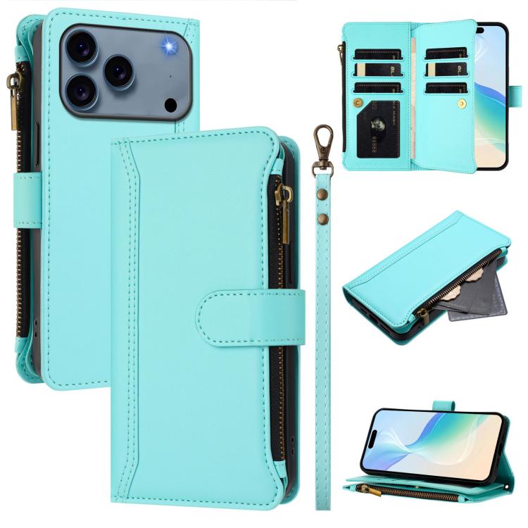 Estuche de piel con cierre magnético, 9 ranuras para tarjetas y cremallera, con correa de mano., For iPhone 17e / 16e, For iPhone 17 Pro Max, For iPhone 17 Pro, For iPhone 17, For iPhone Air, For iPhone 16 Pro Max, For iPhone 16 Pro, For iPhone 16 Plus