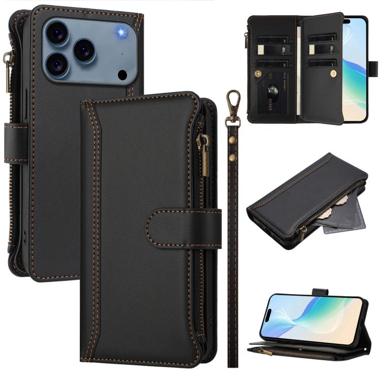 Estuche de piel con cierre magnético, 9 ranuras para tarjetas y cremallera, con correa de mano., For iPhone 17e / 16e, For iPhone 17 Pro Max, For iPhone 17 Pro, For iPhone 17, For iPhone Air, For iPhone 16 Pro Max, For iPhone 16 Pro, For iPhone 16 Plus