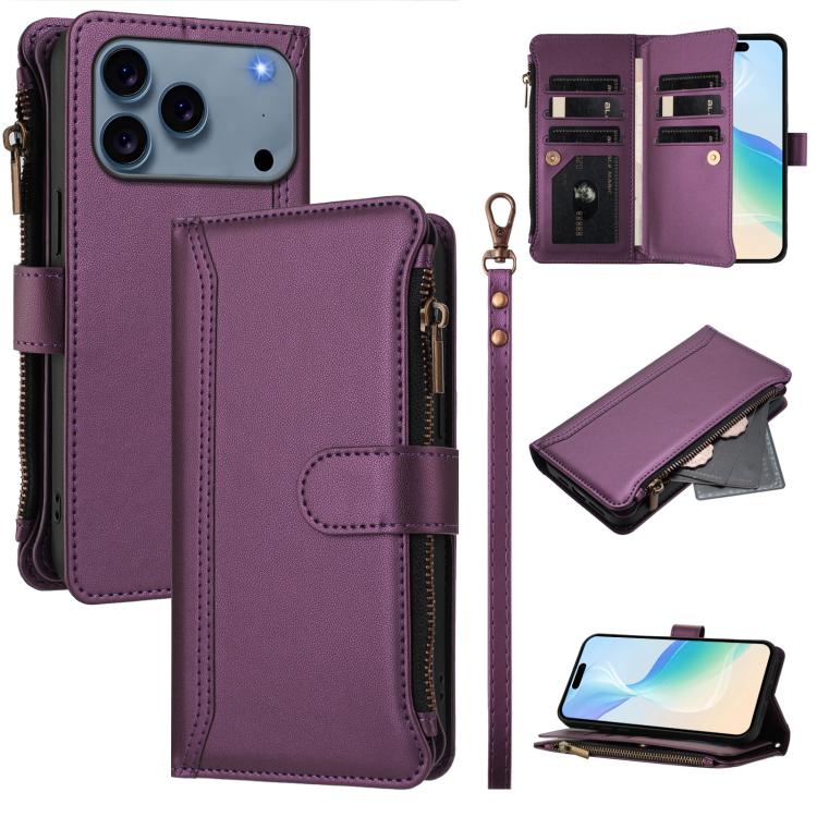 Estuche de piel con cierre magnético, 9 ranuras para tarjetas y cremallera, con correa de mano., For iPhone 17e / 16e, For iPhone 17 Pro Max, For iPhone 17 Pro, For iPhone 17, For iPhone Air, For iPhone 16 Pro Max, For iPhone 16 Pro, For iPhone 16 Plus