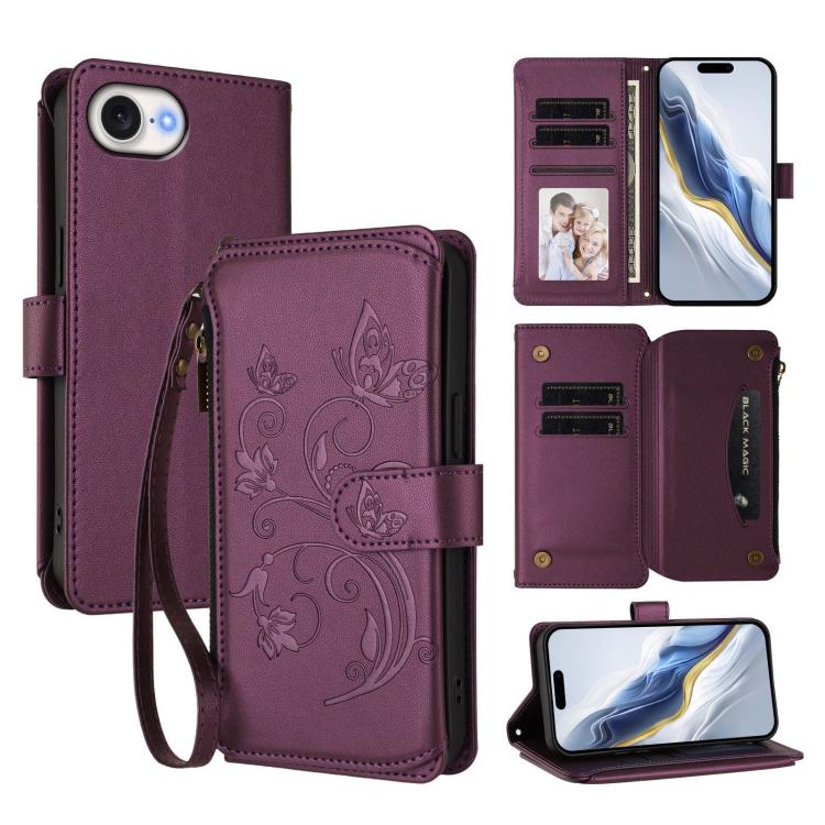 Funda de cuero para teléfono con cartera multitarjeta con cremallera y diseño de mariposa y flor de amor, For iPhone 17e / 16e, For iPhone 17 Pro Max, For iPhone 17 Pro, For iPhone 17, For iPhone Air, For iPhone 16 Pro Max