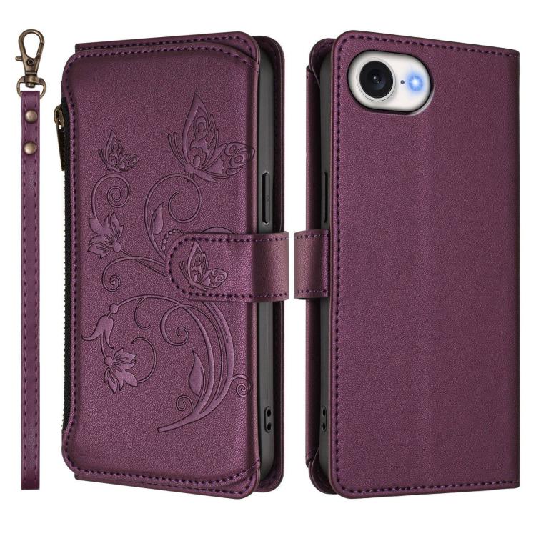 Funda de cuero para teléfono con cartera multitarjeta con cremallera y diseño de mariposa y flor de amor, For iPhone 17e / 16e, For iPhone 17 Pro Max, For iPhone 17 Pro, For iPhone 17, For iPhone Air, For iPhone 16 Pro Max