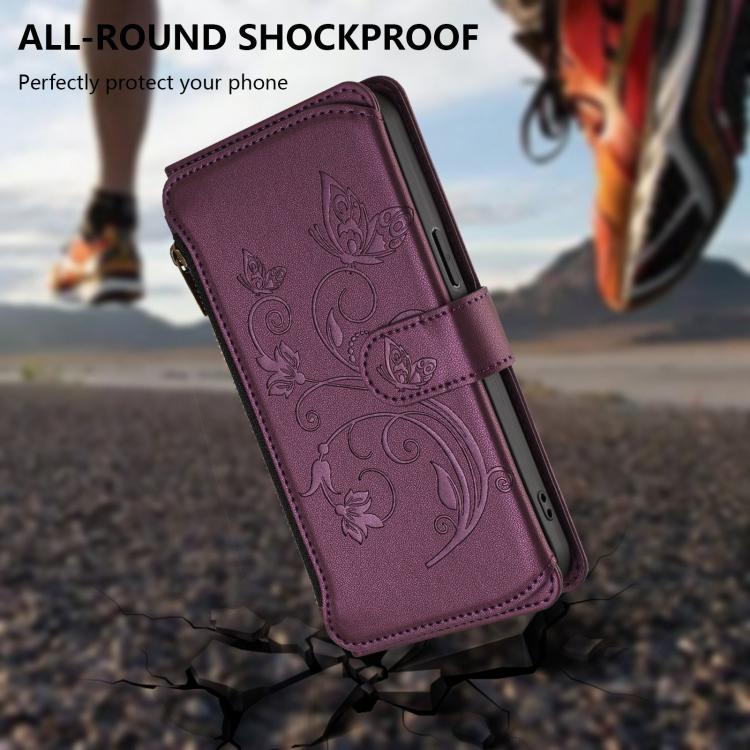 Funda de cuero para teléfono con cartera multitarjeta con cremallera y diseño de mariposa y flor de amor, For iPhone 17e / 16e, For iPhone 17 Pro Max, For iPhone 17 Pro, For iPhone 17, For iPhone Air, For iPhone 16 Pro Max