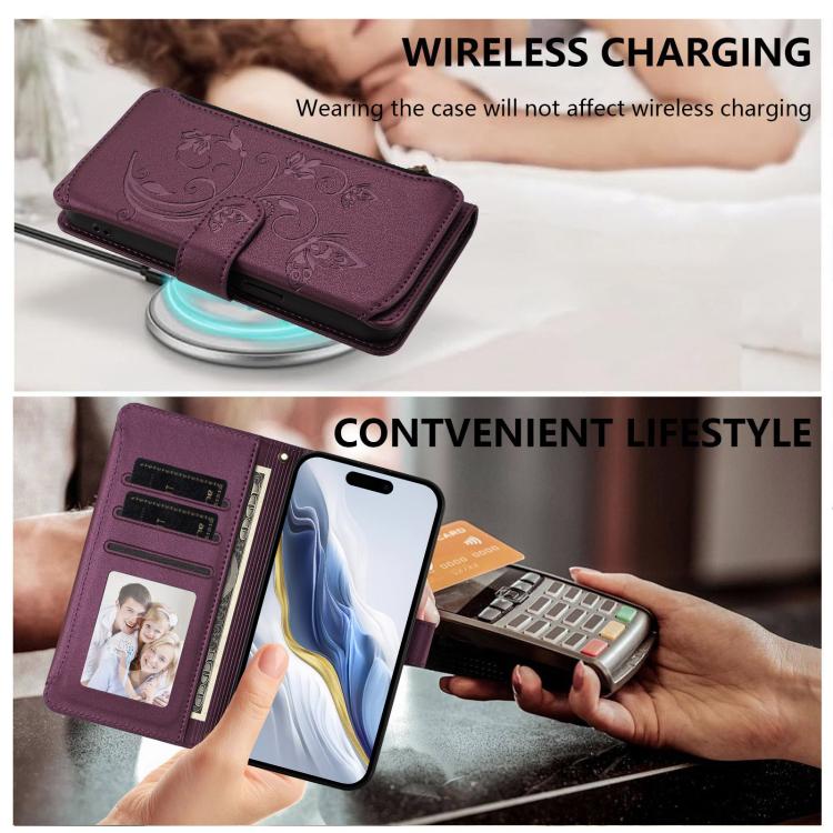 Funda de cuero para teléfono con cartera multitarjeta con cremallera y diseño de mariposa y flor de amor, For iPhone 17e / 16e, For iPhone 17 Pro Max, For iPhone 17 Pro, For iPhone 17, For iPhone Air, For iPhone 16 Pro Max