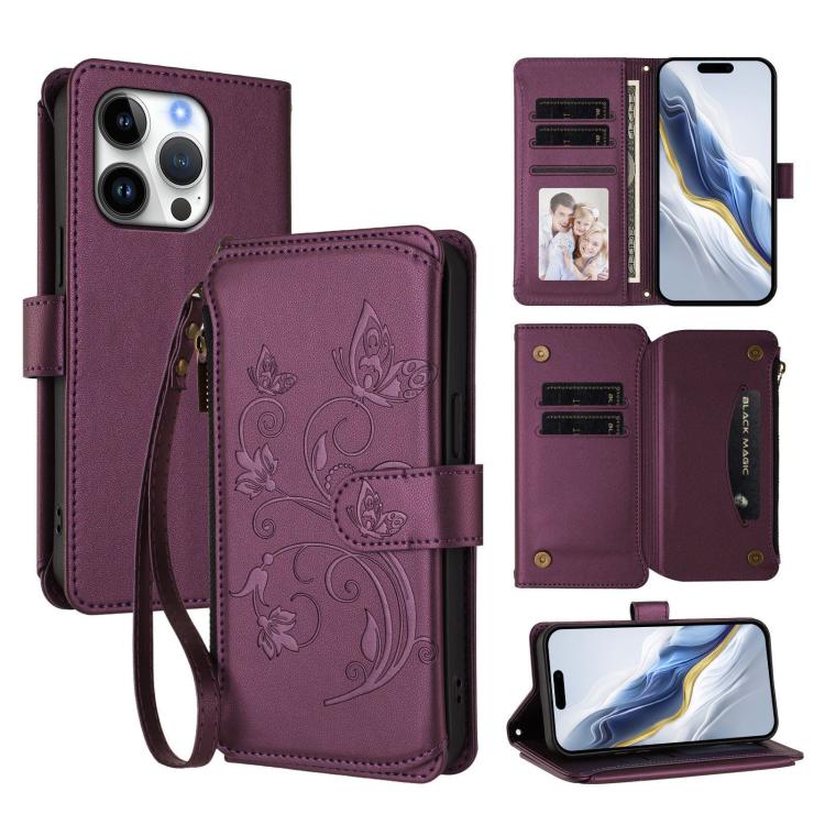 Funda de cuero para teléfono con cartera multitarjeta con cremallera y diseño de mariposa y flor de amor, For iPhone 16 Pro, For iPhone 16 Plus, For iPhone 16, For iPhone 15 Pro Max, For iPhone 15 Pro, For iPhone 15 Plus