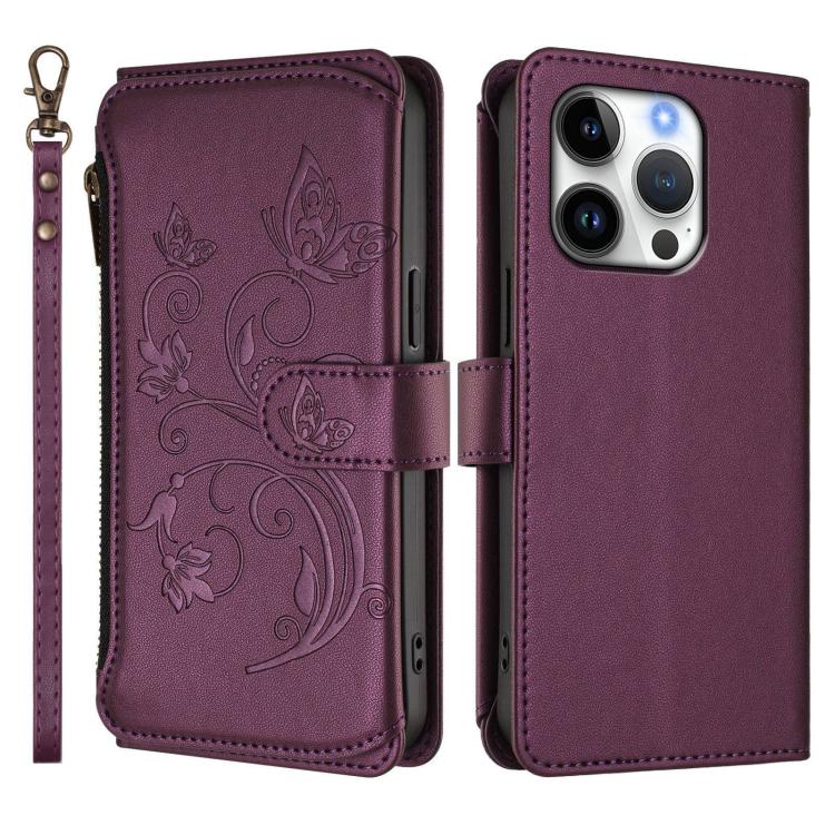 Funda de cuero para teléfono con cartera multitarjeta con cremallera y diseño de mariposa y flor de amor, For iPhone 16 Pro, For iPhone 16 Plus, For iPhone 16, For iPhone 15 Pro Max, For iPhone 15 Pro, For iPhone 15 Plus