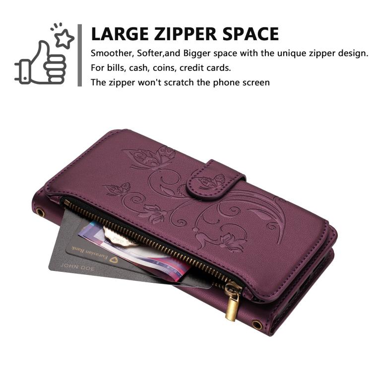 Funda de cuero para teléfono con cartera multitarjeta con cremallera y diseño de mariposa y flor de amor, For iPhone 16 Pro, For iPhone 16 Plus, For iPhone 16, For iPhone 15 Pro Max, For iPhone 15 Pro, For iPhone 15 Plus