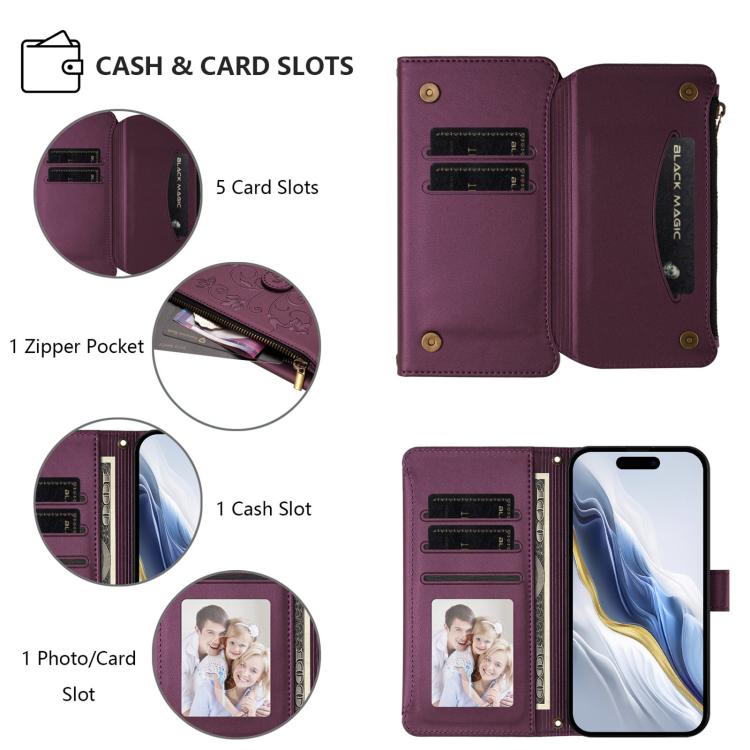 Funda de cuero para teléfono con cartera multitarjeta con cremallera y diseño de mariposa y flor de amor, For iPhone 16 Pro, For iPhone 16 Plus, For iPhone 16, For iPhone 15 Pro Max, For iPhone 15 Pro, For iPhone 15 Plus
