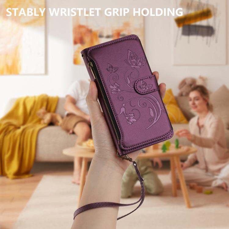 Funda de cuero para teléfono con cartera multitarjeta con cremallera y diseño de mariposa y flor de amor, For iPhone 16 Pro, For iPhone 16 Plus, For iPhone 16, For iPhone 15 Pro Max, For iPhone 15 Pro, For iPhone 15 Plus