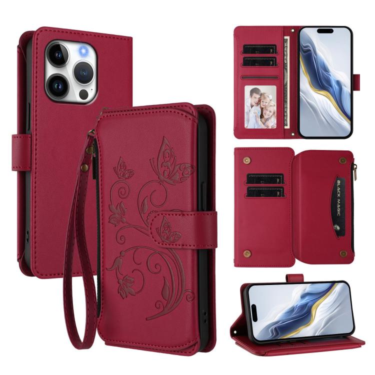 Funda de cuero para teléfono con cartera multitarjeta con cremallera y diseño de mariposa y flor de amor, For iPhone 16 Pro, For iPhone 16 Plus, For iPhone 16, For iPhone 15 Pro Max, For iPhone 15 Pro, For iPhone 15 Plus