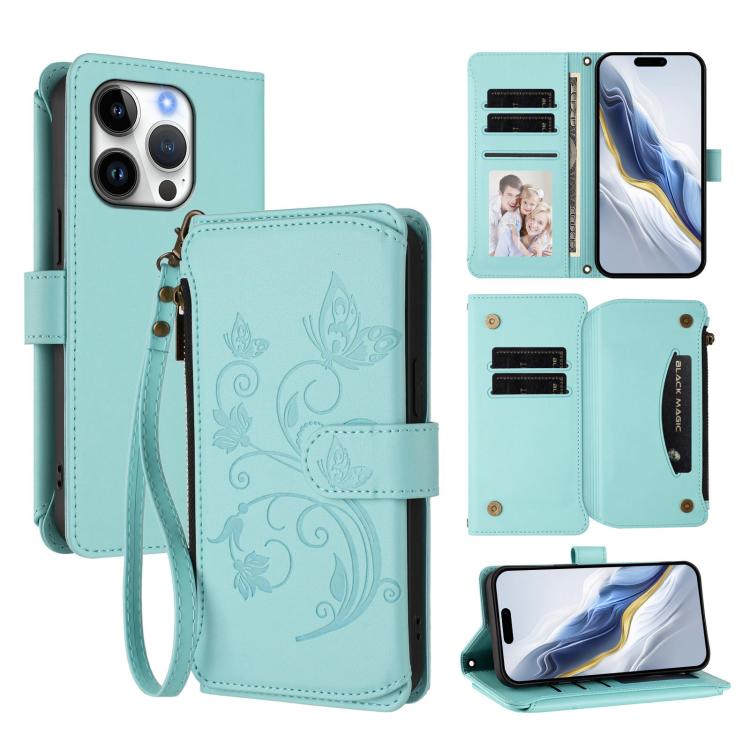 Funda de cuero para teléfono con cartera multitarjeta con cremallera y diseño de mariposa y flor de amor, For iPhone 16 Pro, For iPhone 16 Plus, For iPhone 16, For iPhone 15 Pro Max, For iPhone 15 Pro, For iPhone 15 Plus