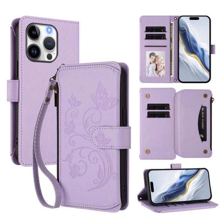 Funda de cuero para teléfono con cartera multitarjeta con cremallera y diseño de mariposa y flor de amor, For iPhone 16 Pro, For iPhone 16 Plus, For iPhone 16, For iPhone 15 Pro Max, For iPhone 15 Pro, For iPhone 15 Plus