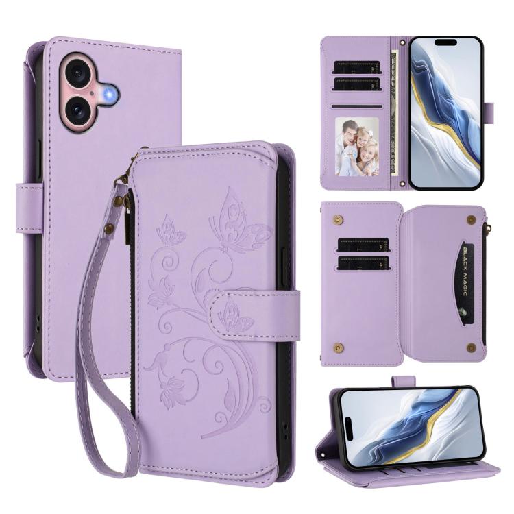 Funda de cuero para teléfono con cartera multitarjeta con cremallera y diseño de mariposa y flor de amor, For iPhone 16 Pro, For iPhone 16 Plus, For iPhone 16, For iPhone 15 Pro Max, For iPhone 15 Pro, For iPhone 15 Plus
