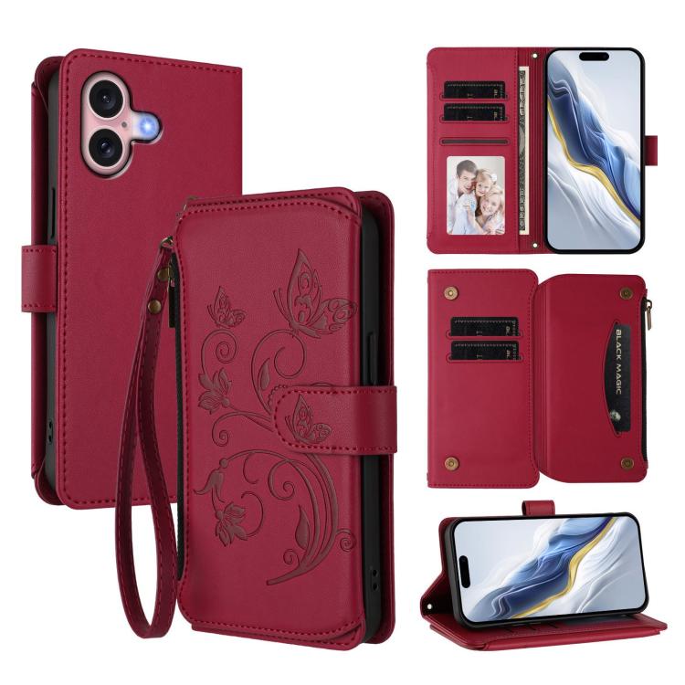 Funda de cuero para teléfono con cartera multitarjeta con cremallera y diseño de mariposa y flor de amor, For iPhone 16 Pro, For iPhone 16 Plus, For iPhone 16, For iPhone 15 Pro Max, For iPhone 15 Pro, For iPhone 15 Plus