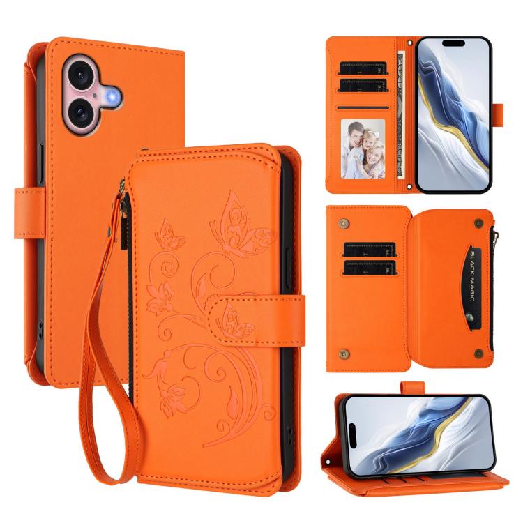 Funda de cuero para teléfono con cartera multitarjeta con cremallera y diseño de mariposa y flor de amor, For iPhone 16 Pro, For iPhone 16 Plus, For iPhone 16, For iPhone 15 Pro Max, For iPhone 15 Pro, For iPhone 15 Plus