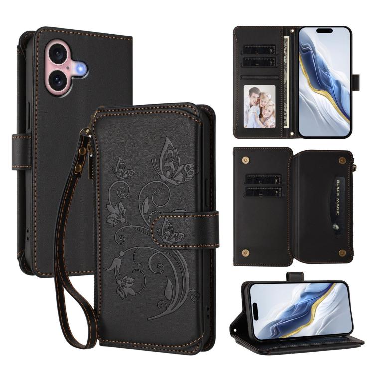 Funda de cuero para teléfono con cartera multitarjeta con cremallera y diseño de mariposa y flor de amor, For iPhone 16 Pro, For iPhone 16 Plus, For iPhone 16, For iPhone 15 Pro Max, For iPhone 15 Pro, For iPhone 15 Plus