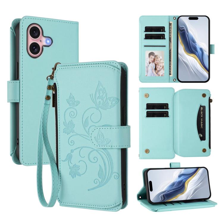 Funda de cuero para teléfono con cartera multitarjeta con cremallera y diseño de mariposa y flor de amor, For iPhone 16 Pro, For iPhone 16 Plus, For iPhone 16, For iPhone 15 Pro Max, For iPhone 15 Pro, For iPhone 15 Plus
