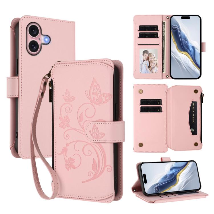 Funda de cuero para teléfono con cartera multitarjeta con cremallera y diseño de mariposa y flor de amor, For iPhone 16 Pro, For iPhone 16 Plus, For iPhone 16, For iPhone 15 Pro Max, For iPhone 15 Pro, For iPhone 15 Plus