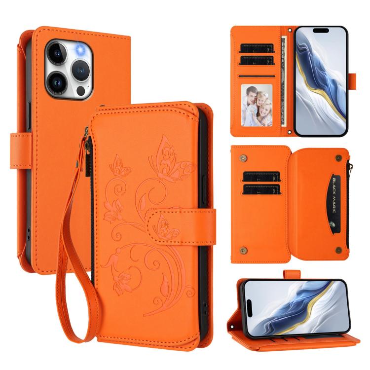 Funda de cuero para teléfono con cartera multitarjeta con cremallera y diseño de mariposa y flor de amor, For iPhone 16 Pro, For iPhone 16 Plus, For iPhone 16, For iPhone 15 Pro Max, For iPhone 15 Pro, For iPhone 15 Plus