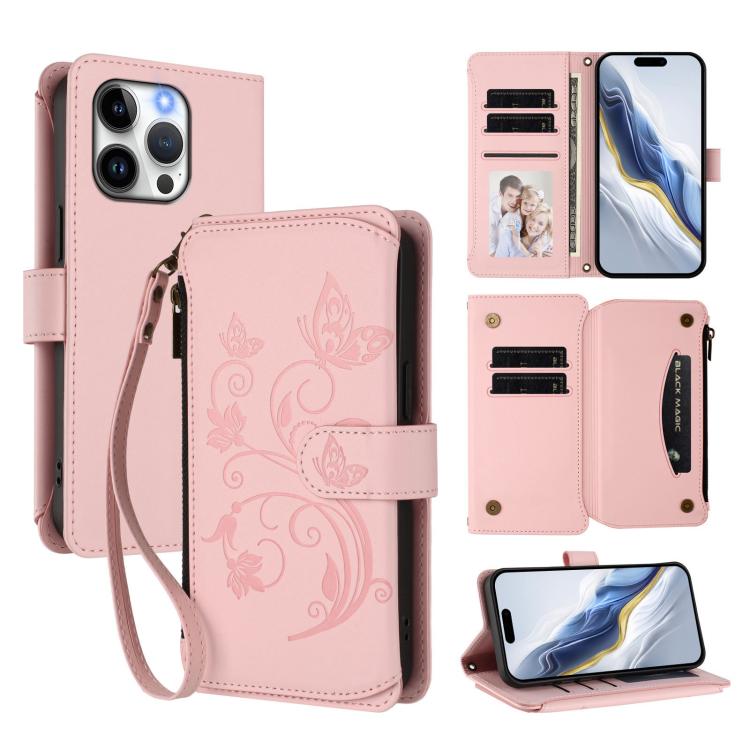 Funda de cuero para teléfono con cartera multitarjeta con cremallera y diseño de mariposa y flor de amor, For iPhone 16 Pro, For iPhone 16 Plus, For iPhone 16, For iPhone 15 Pro Max, For iPhone 15 Pro, For iPhone 15 Plus