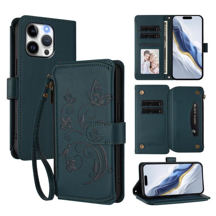 Funda de cuero para teléfono con cartera multitarjeta con cremallera y diseño de mariposa y flor de amor, For iPhone 16 Pro, For iPhone 16 Plus, For iPhone 16, For iPhone 15 Pro Max, For iPhone 15 Pro, For iPhone 15 Plus