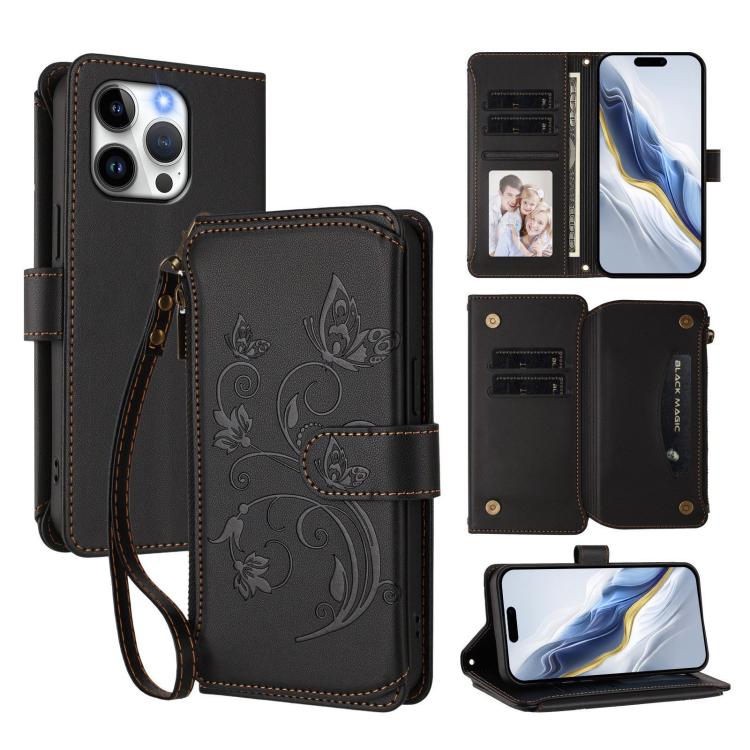 Funda de cuero para teléfono con cartera multitarjeta con cremallera y diseño de mariposa y flor de amor, For iPhone 16 Pro, For iPhone 16 Plus, For iPhone 16, For iPhone 15 Pro Max, For iPhone 15 Pro, For iPhone 15 Plus