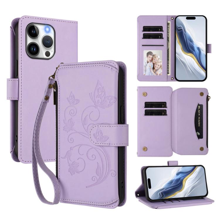 Funda de cuero para teléfono con cartera multitarjeta con cremallera y diseño de mariposa y flor de amor, For iPhone 16 Pro, For iPhone 16 Plus, For iPhone 16, For iPhone 15 Pro Max, For iPhone 15 Pro, For iPhone 15 Plus