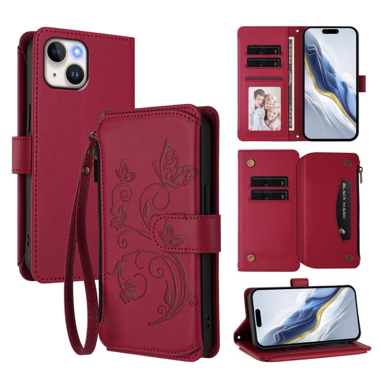 Funda de cuero para teléfono con cartera multitarjeta con cremallera y diseño de mariposa y flor de amor, For iPhone 16 Pro, For iPhone 16 Plus, For iPhone 16, For iPhone 15 Pro Max, For iPhone 15 Pro, For iPhone 15 Plus